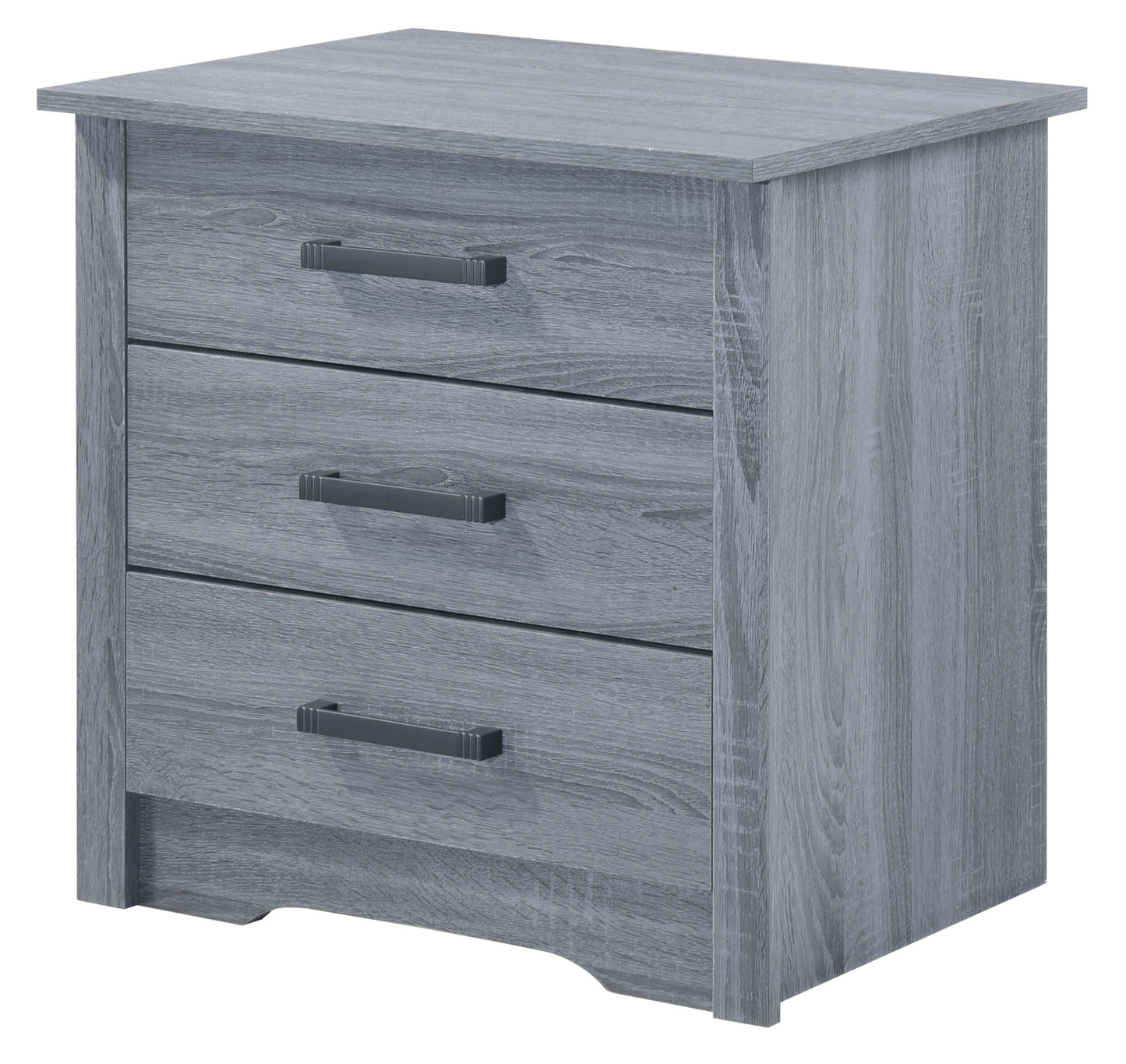 Contemporary gray nightstand with wood-grain finish and metal bar pulls — Doba