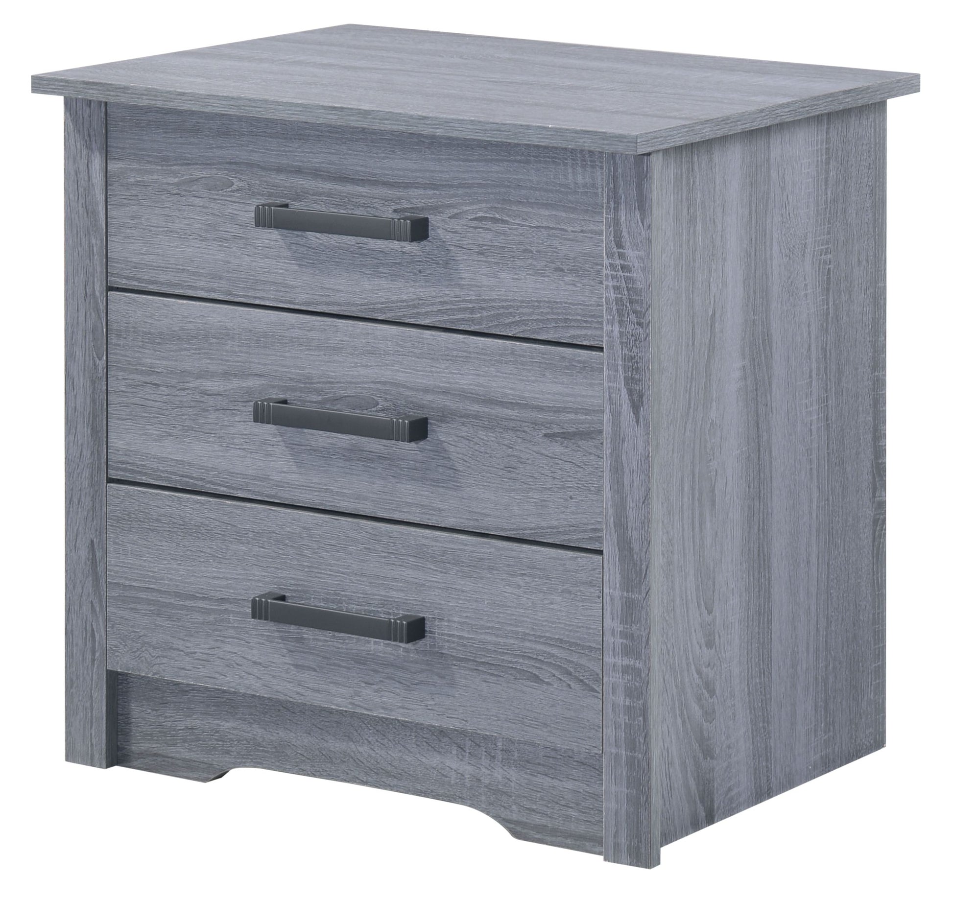 Contemporary gray nightstand with wood-grain finish and metal bar pulls — Doba