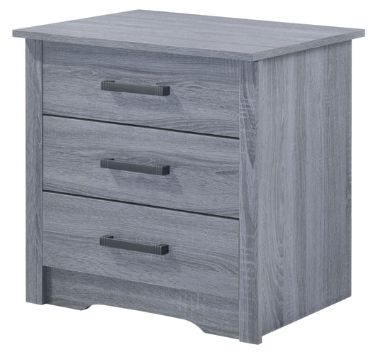 Contemporary gray nightstand with wood-grain finish and metal bar pulls — Doba