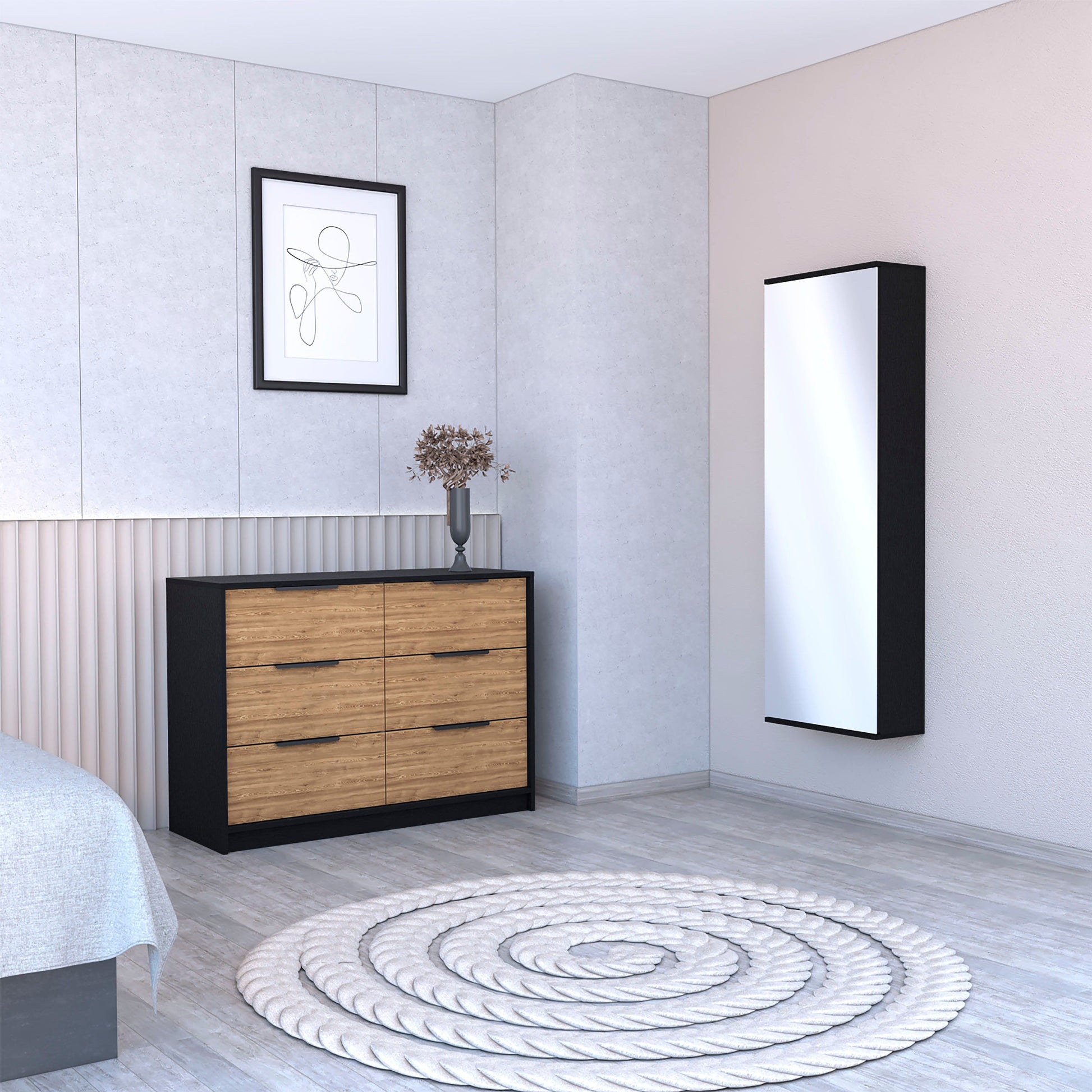 Cornwall 2-Piece Bedroom Set: black-framed dresser with natural wood drawers and wall-mounted mirror