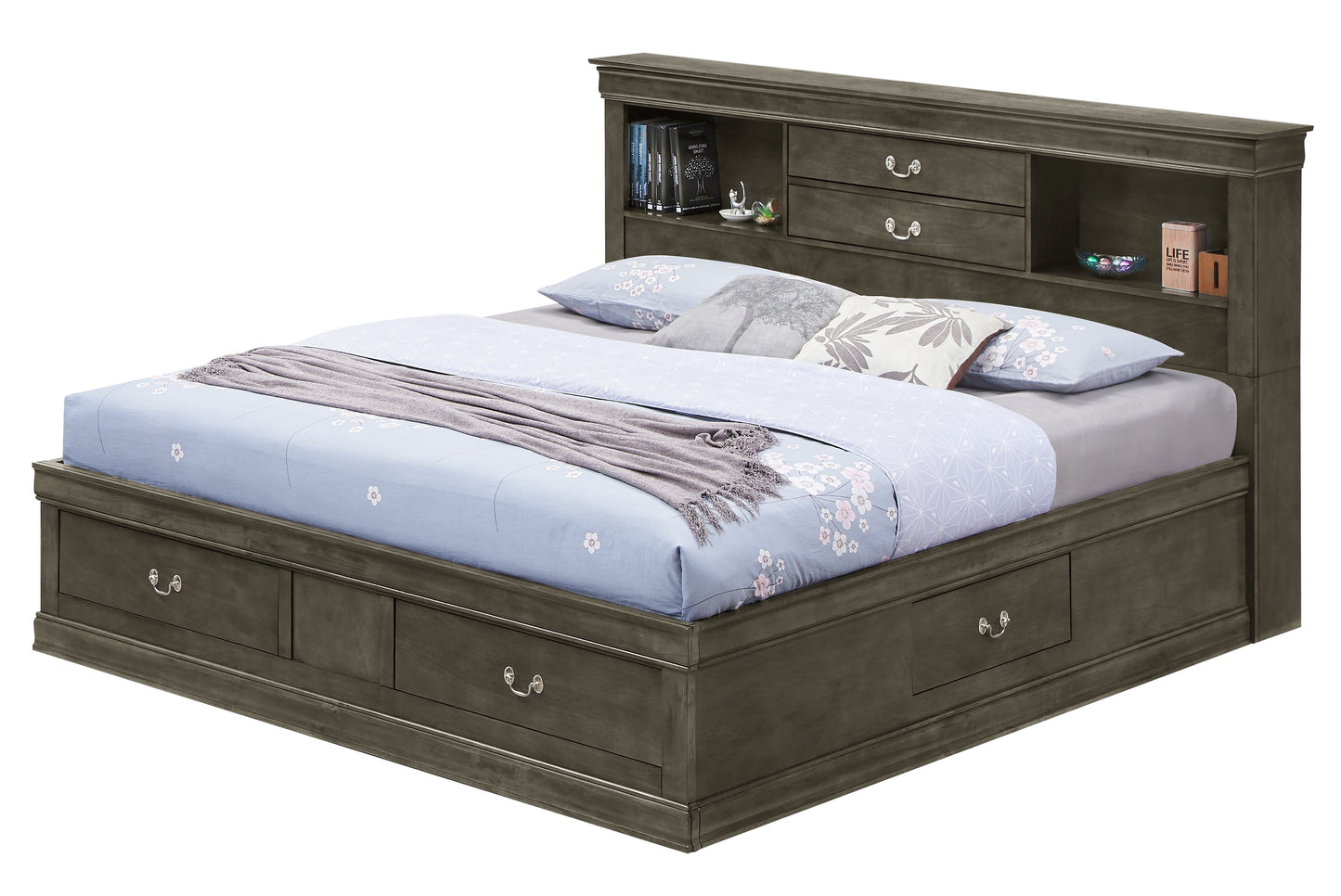 Elegant gray full storage bed with built-in under-bed drawers and bookshelf headboard.