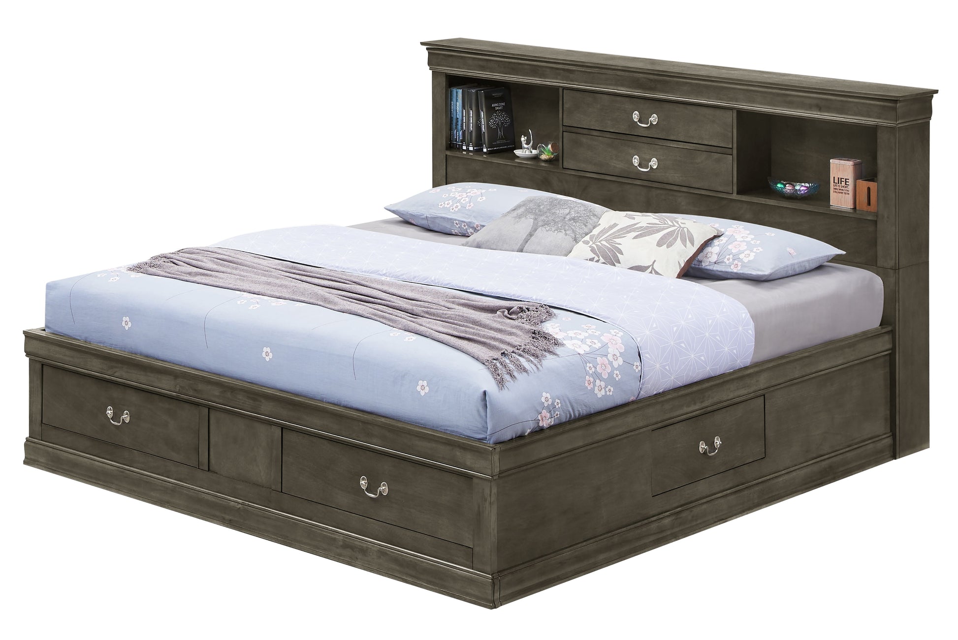 Elegant gray full storage bed with built-in under-bed drawers and bookshelf headboard.