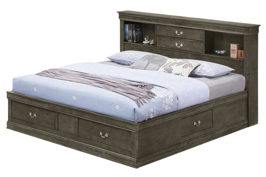 Elegant gray full storage bed with built-in under-bed drawers and bookshelf headboard.