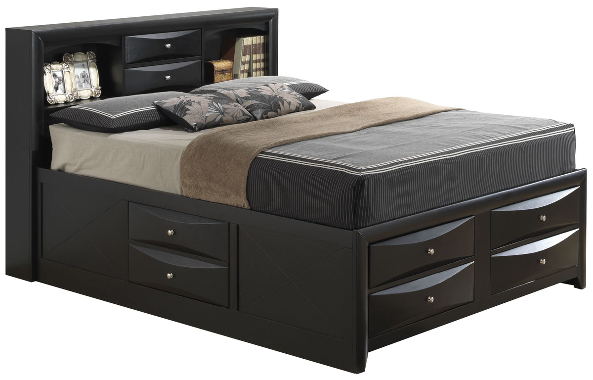 Sleek Contemporary Black King Storage Bed with built-in 6-drawer storage and headboard shelves