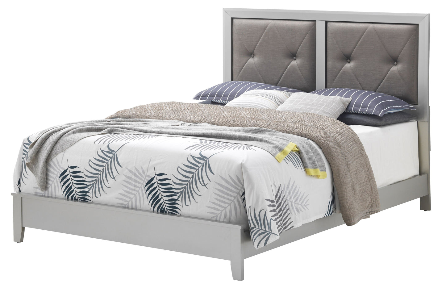 Transitional Queen Bed in silver champagne finish with two-panel tufted gray upholstered headboard.