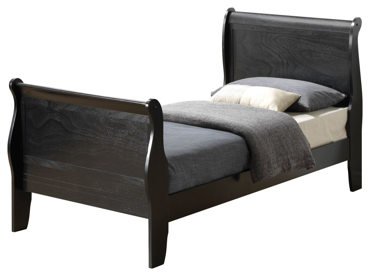 Elegant black twin bed with curved headboard and footboard in dark wood finish by Doba