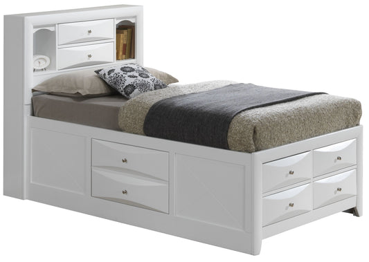 White twin storage bed by Doba with built-in headboard drawers and open shelving
