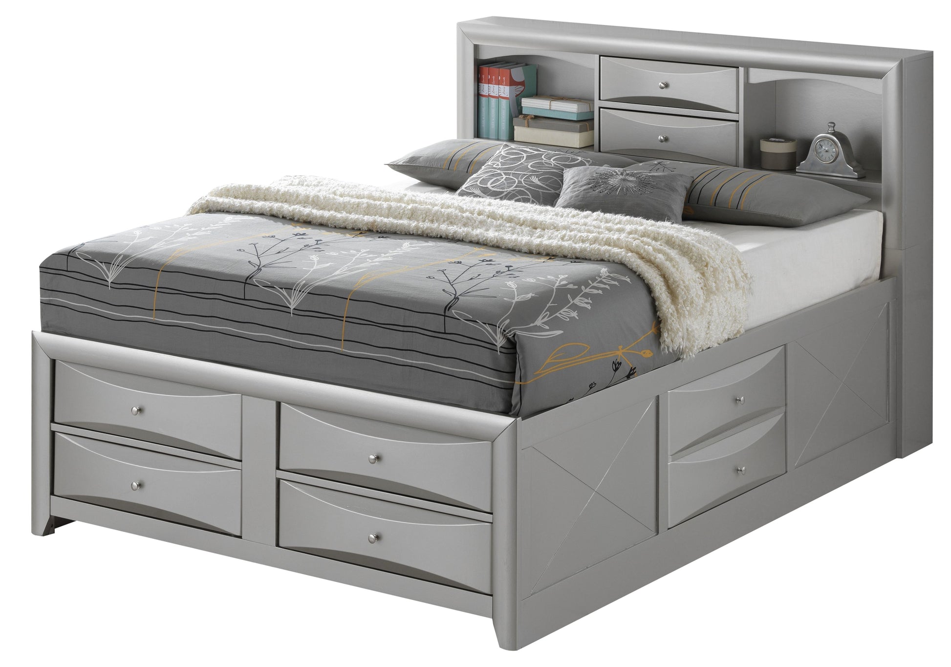Full bed with hidden storage by Doba in gray, featuring built-in headboard shelves and multiple drawers