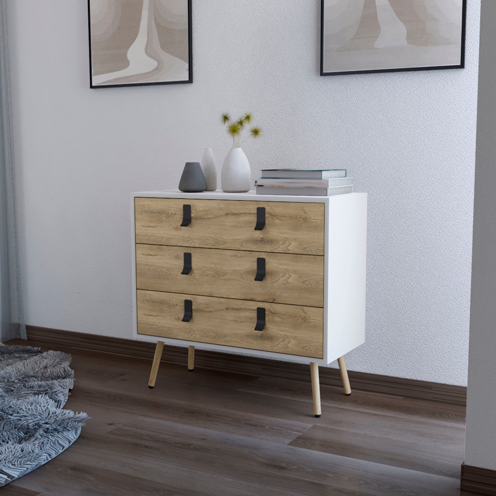 White and Macadamia 3-Drawer Dresser with white frame, natural wood fronts, and black pulls