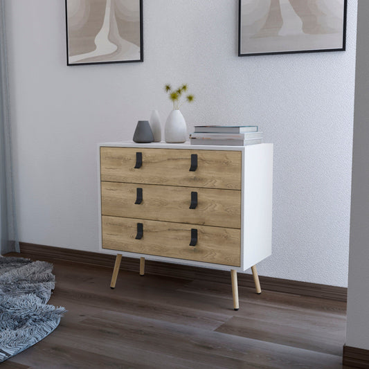White and Macadamia 3-Drawer Dresser with white frame, natural wood fronts, and black pulls
