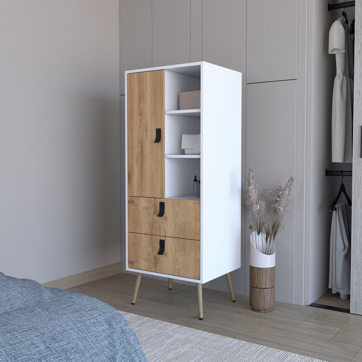 2-drawer tall dresser in white with macadamia wood drawer fronts