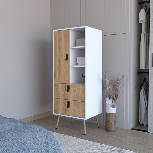 2-drawer tall dresser in white with macadamia wood drawer fronts