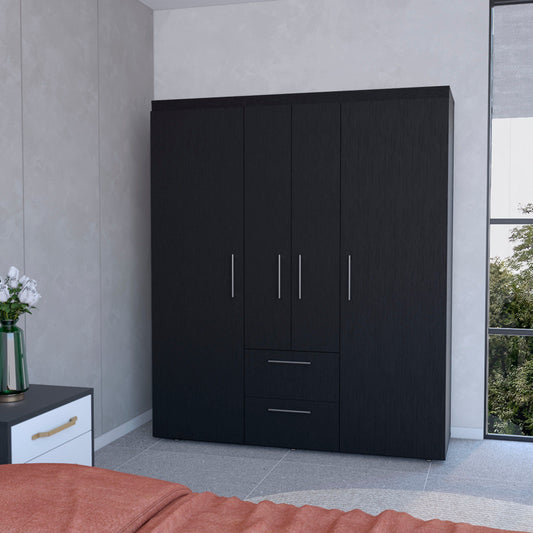 Black all-in-one 2-door armoire with slim vertical silver handles
