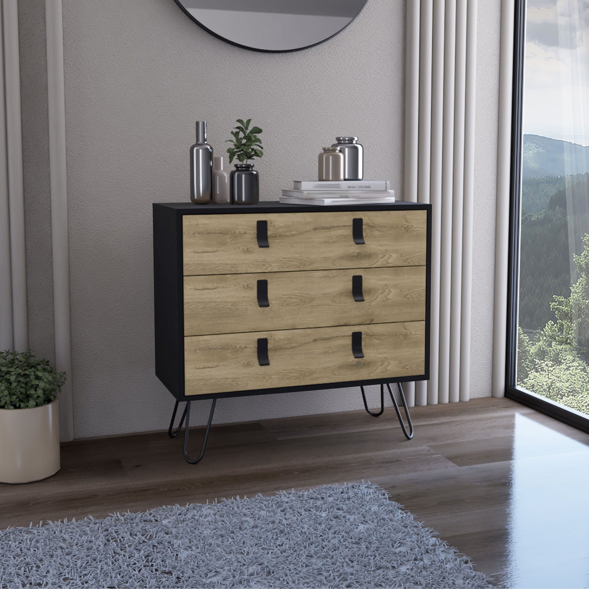 Dresser 29in H, 3-drawer modern chest with hairpin legs, Black/Macadamia finish