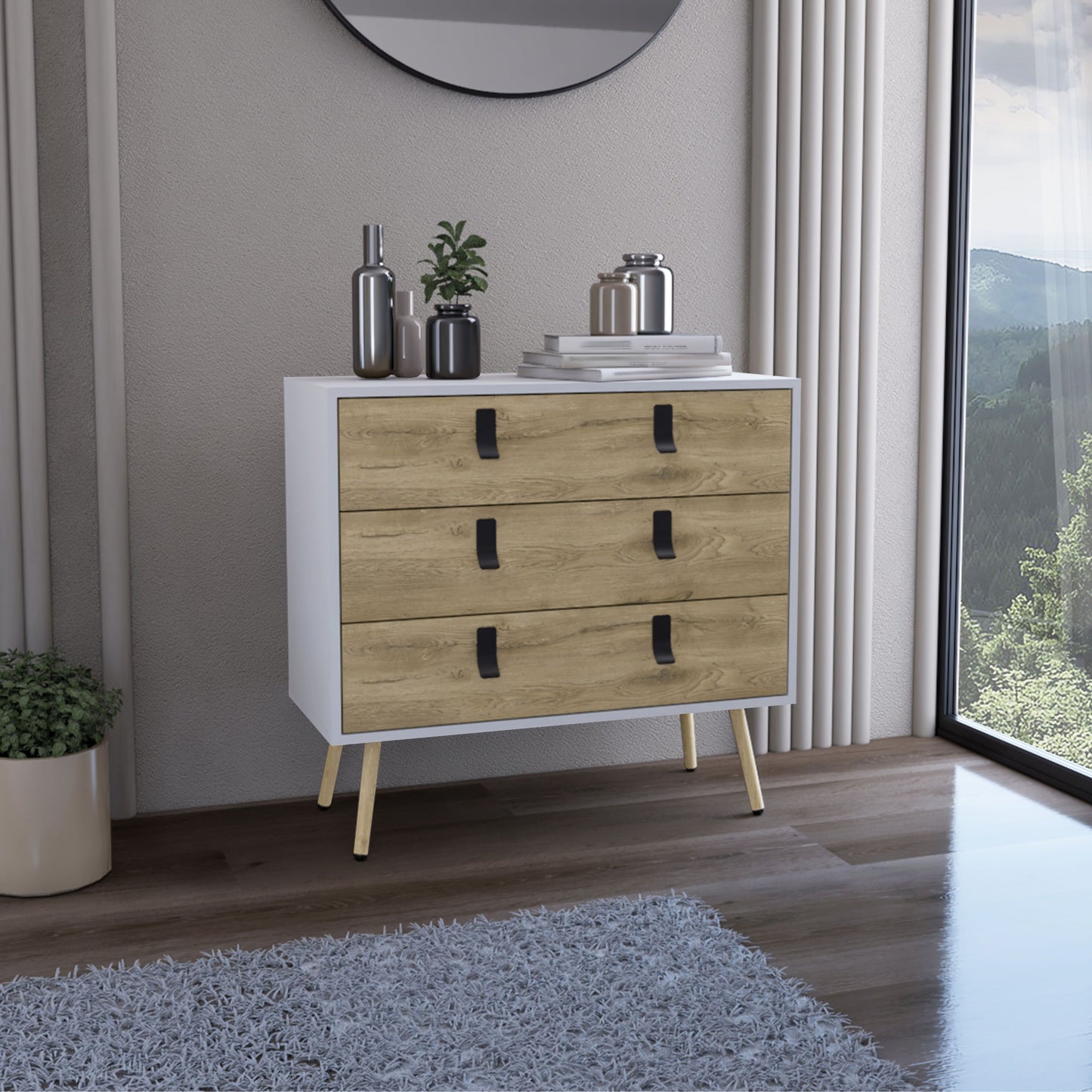 Three-drawer dresser with white frame, macadamia wood drawer fronts, black strap handles, and angled wooden legs.