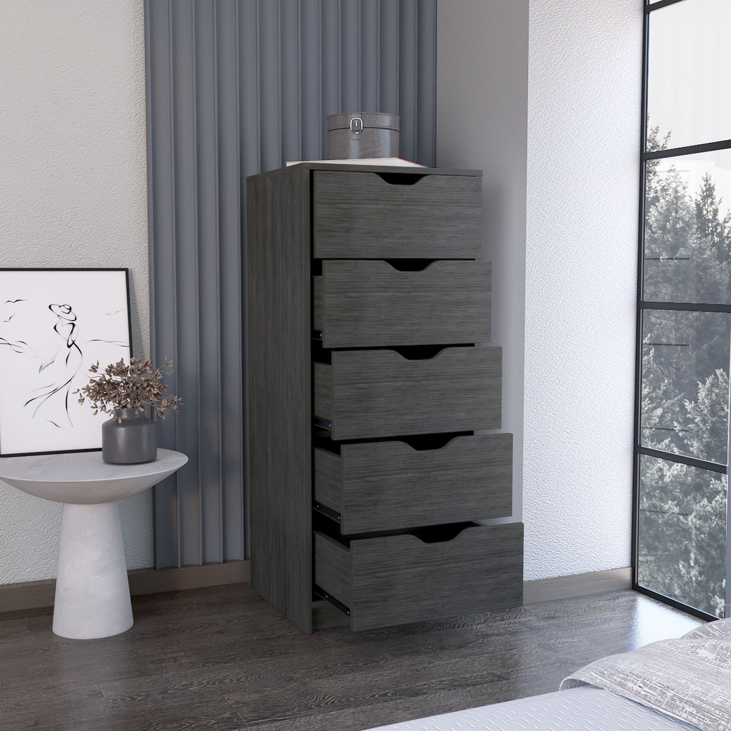 Five-drawer dresser in smokey oak finish; narrow 42H tall storage chest for the bedroom