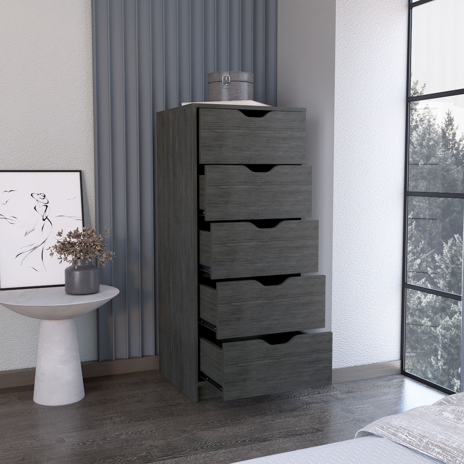 Five-drawer dresser in smokey oak finish; narrow 42H tall storage chest for the bedroom