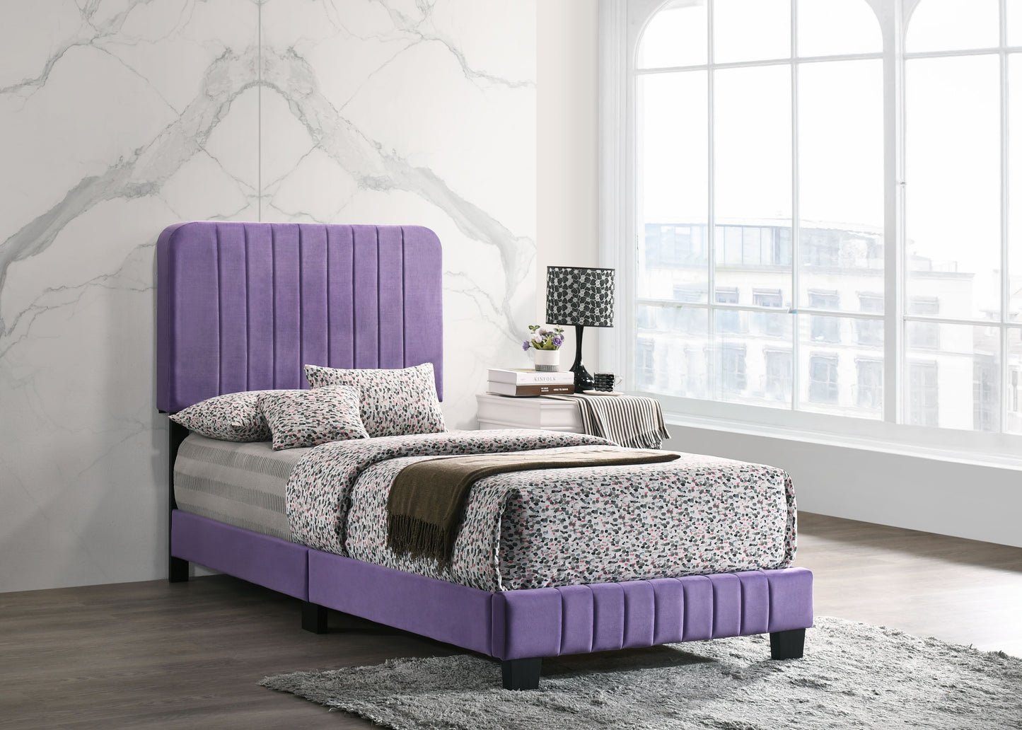 Contemporary twin bed in vibrant purple with upholstered headboard by Doba