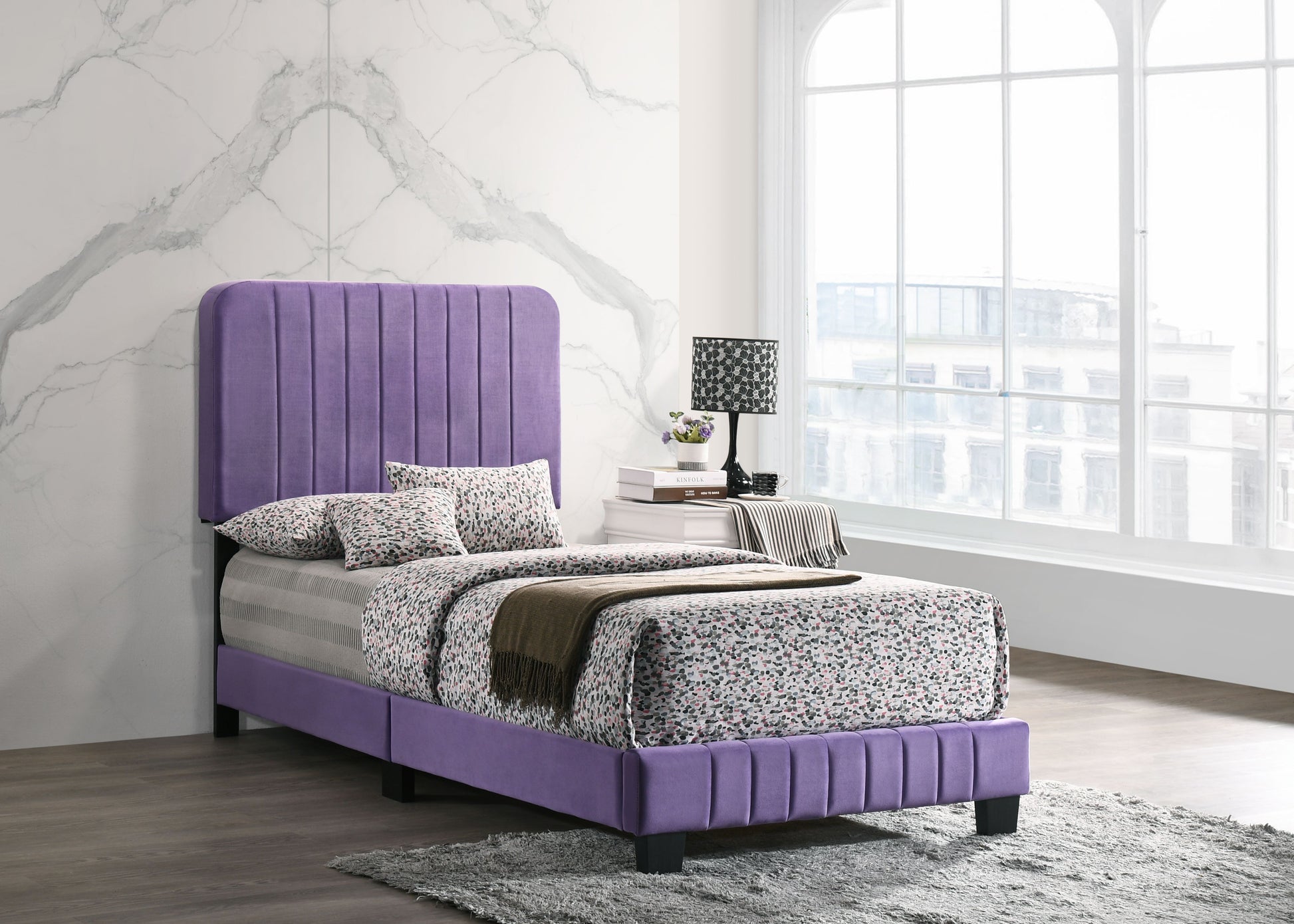 Contemporary twin bed in vibrant purple with upholstered headboard by Doba