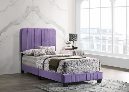 Contemporary twin bed in vibrant purple with upholstered headboard by Doba
