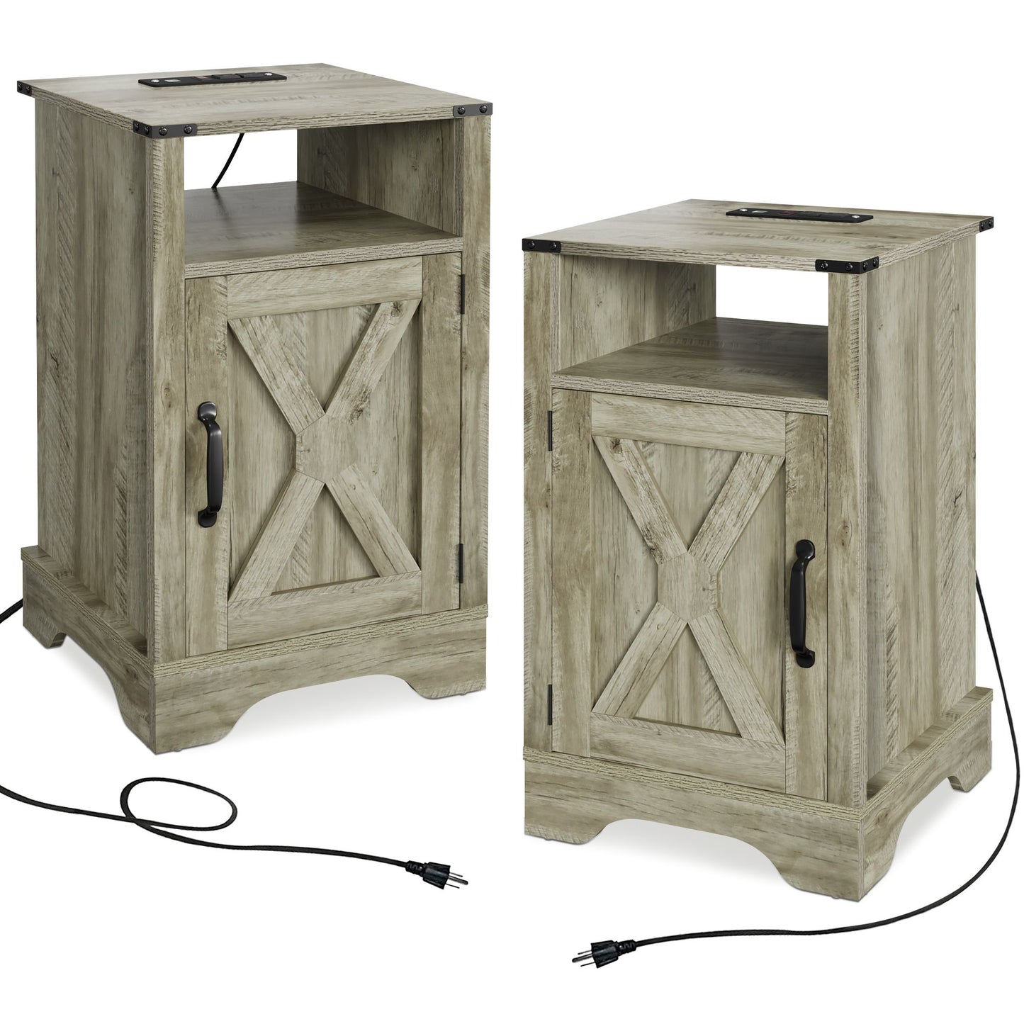 Doba farmhouse nightstands, rustic light-gray wood end tables with built-in electrical outlets charging station (2)