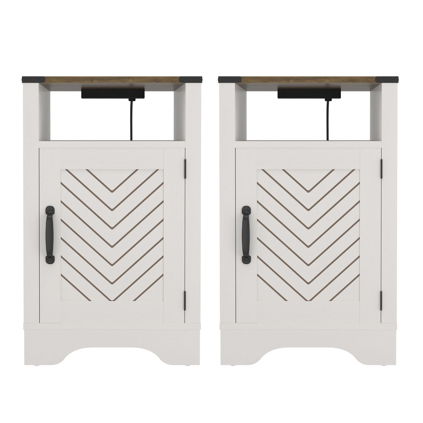 Farmhouse nightstand pair, white and oak finish, rustic end tables with charging stations (2 nightstands)