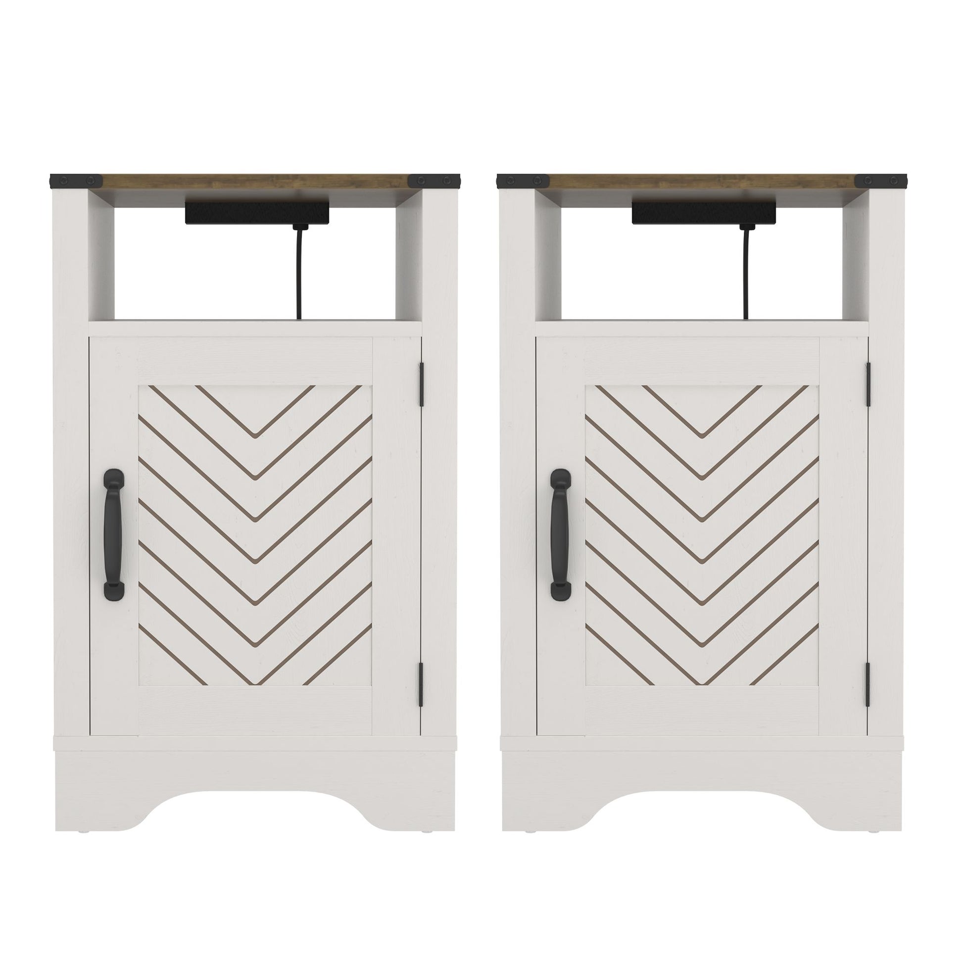 Farmhouse nightstand pair, white and oak finish, rustic end tables with charging stations (2 nightstands)