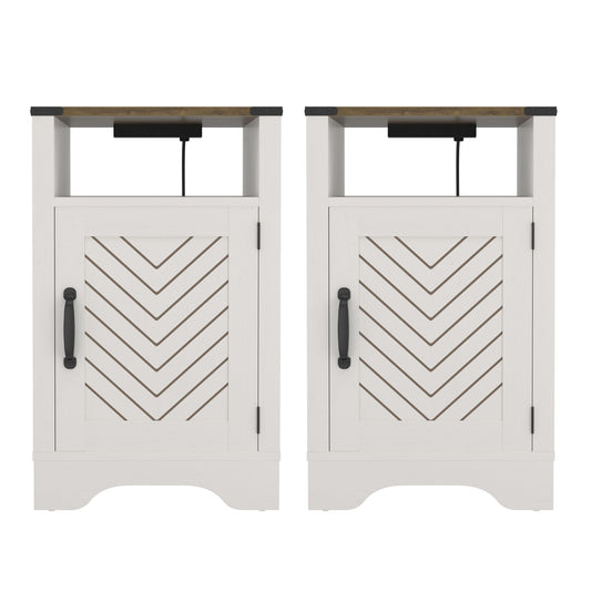 Farmhouse nightstand pair, white and oak finish, rustic end tables with charging stations (2 nightstands)