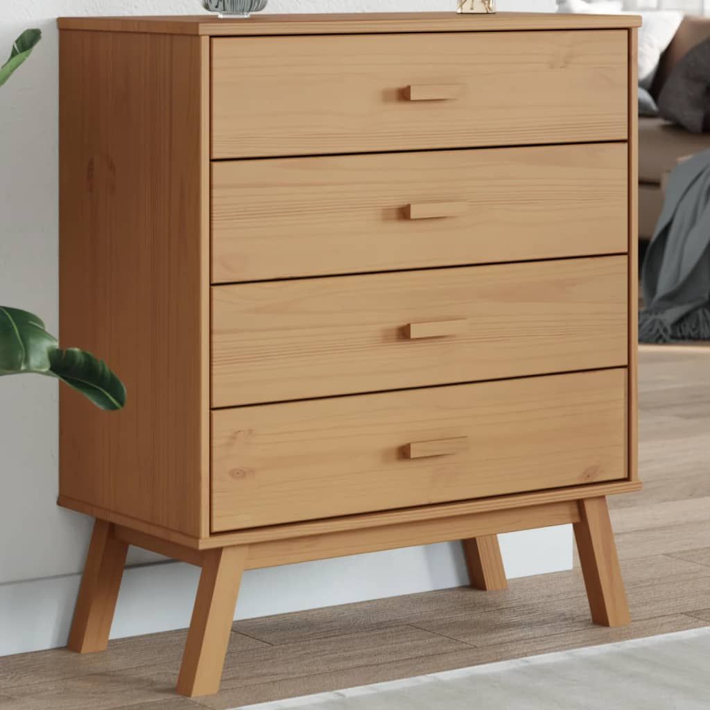 Drawer cabinet in brown solid pine wood with five drawers on angled mid-century legs