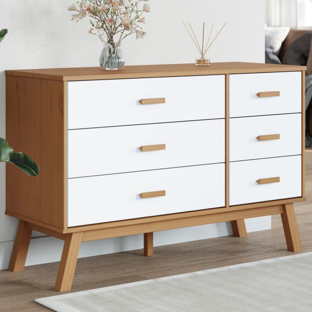 Olden drawer cabinet in solid pine with white fronts and brown frame, mid-century legs
