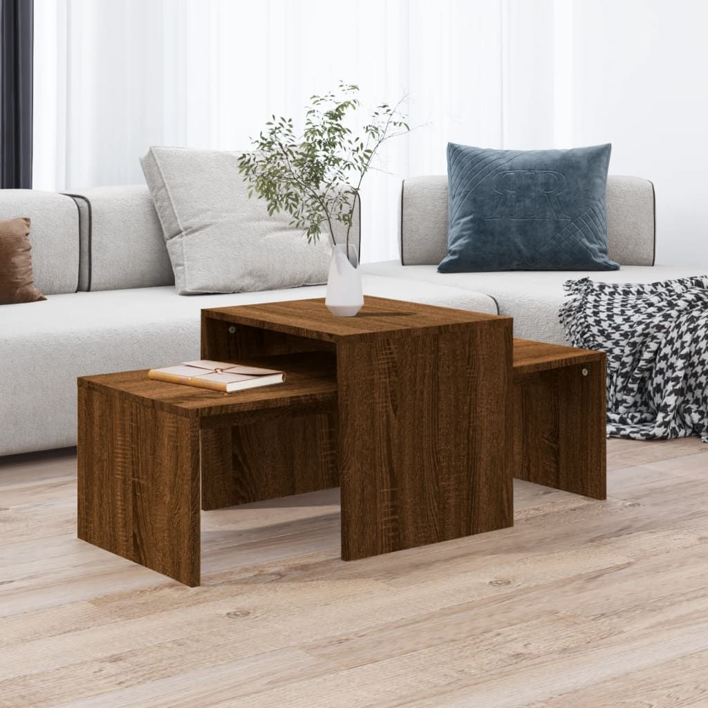 Coffee table brown oak engineered wood, modular three-piece design