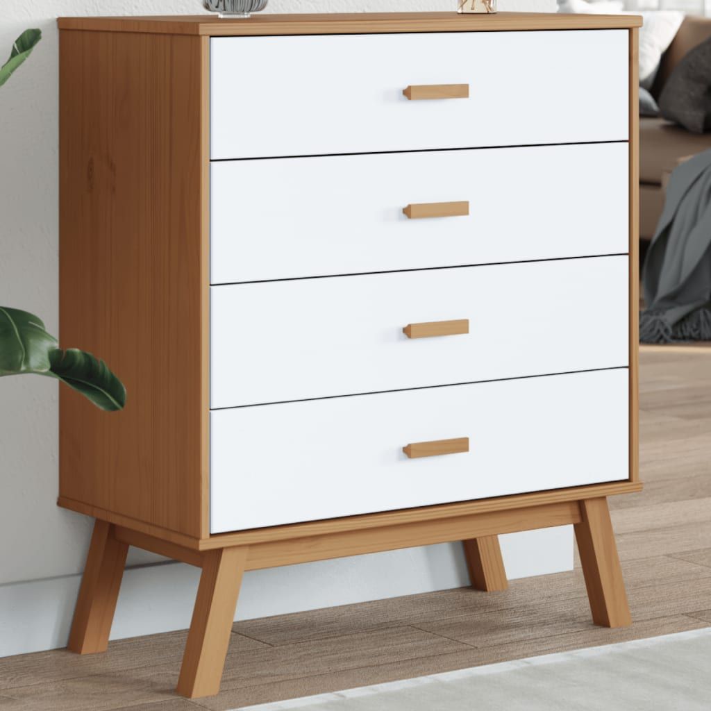 Four-drawer cabinet in natural wood frame with white fronts and wooden handles