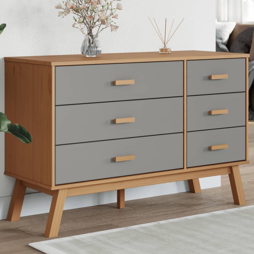 Six-drawer cabinet with light pine frame and grey engineered-wood drawers