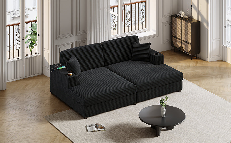 Oversized corduroy loveseat chaise sectional sofa bed with two USB ports in charcoal, by Doba