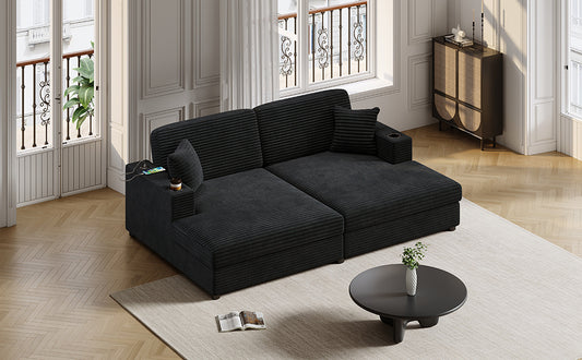 Oversized corduroy loveseat chaise sectional sofa bed with two USB ports in charcoal, by Doba