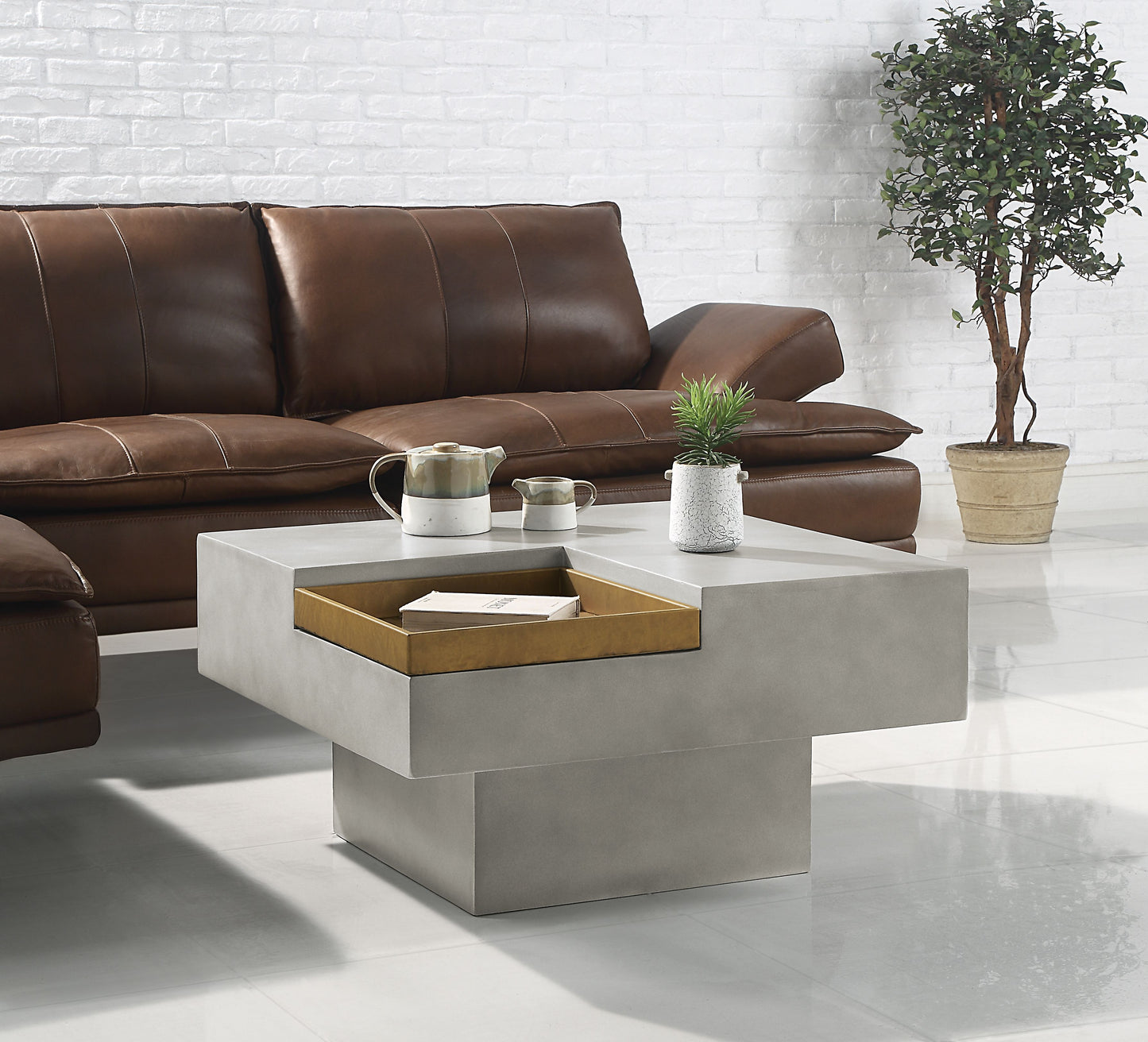 Kailano Weathered Gray Finish Coffee Table with brass-toned tray insert