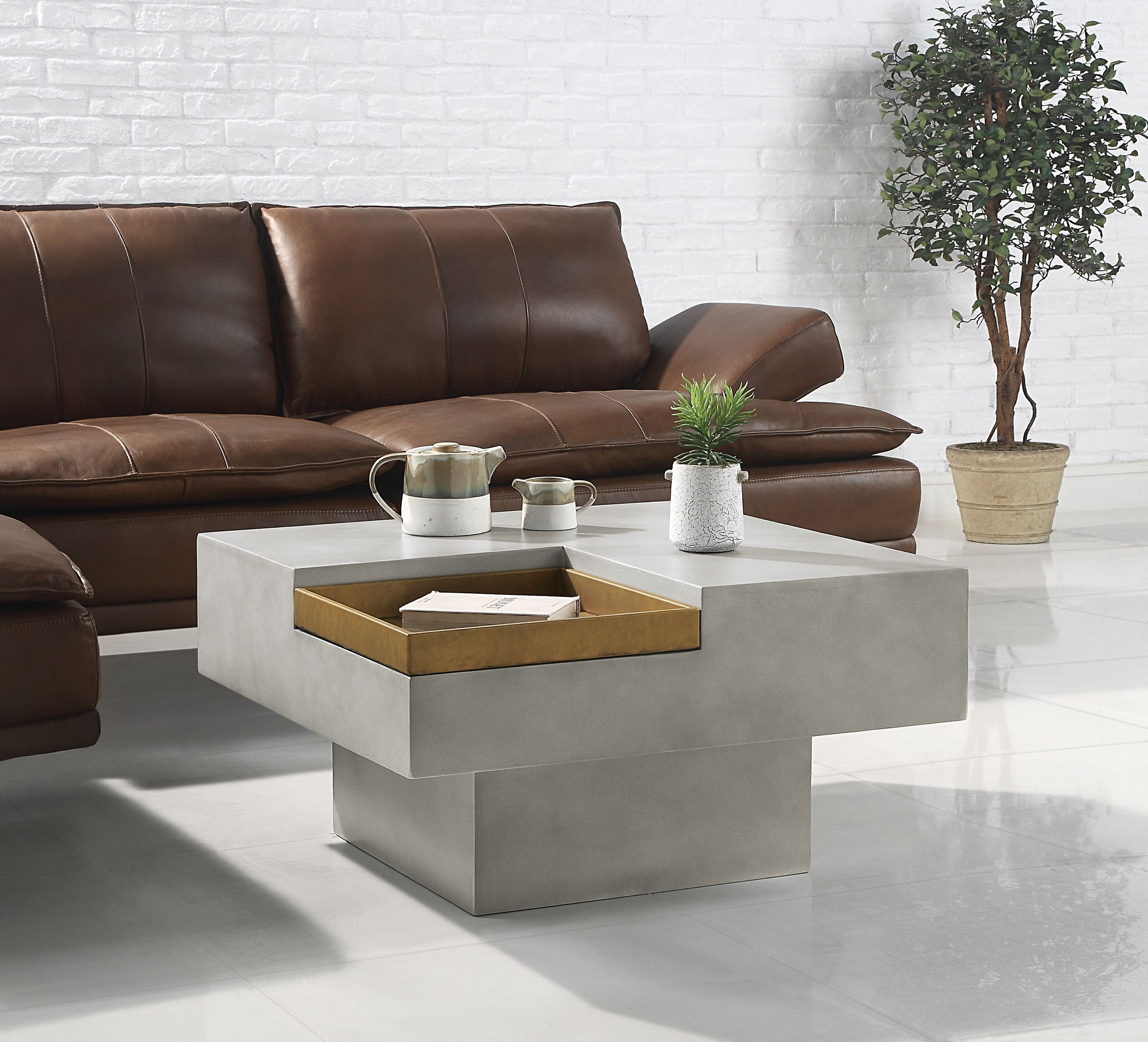 Kailano Weathered Gray Finish Coffee Table with brass-toned tray insert