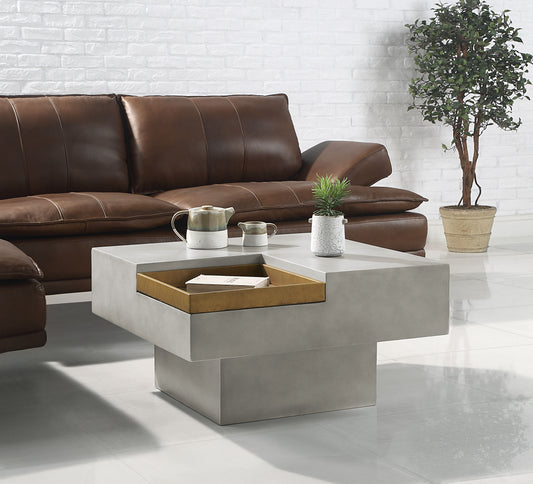 Kailano Weathered Gray Finish Coffee Table with brass-toned tray insert