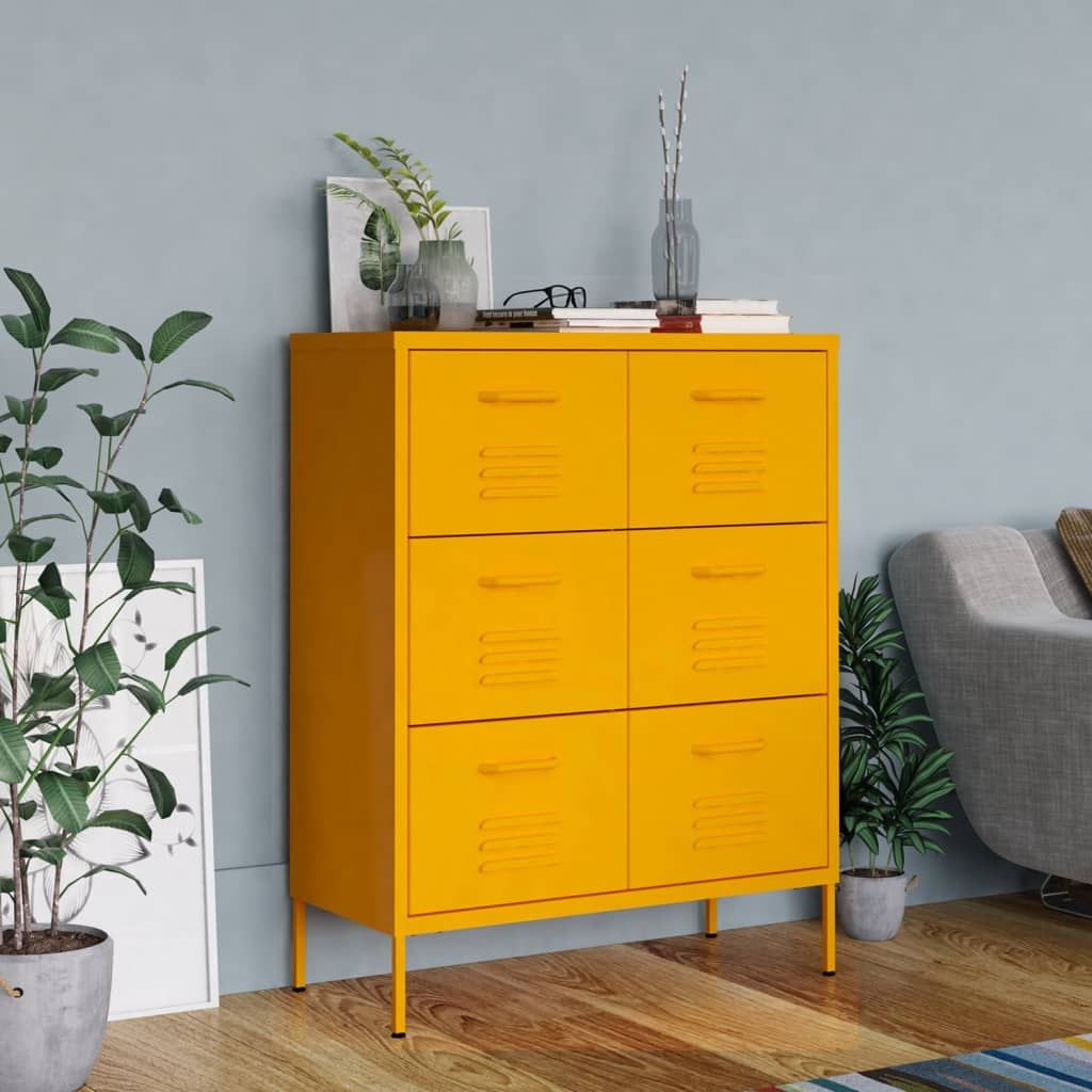 Doba mustard yellow steel drawer cabinet with six drawers and ball-bearing slides