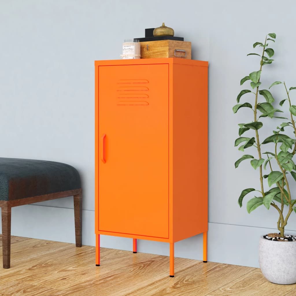 Storage cabinet orange steel, medium rectangular with vented single door and slim legs