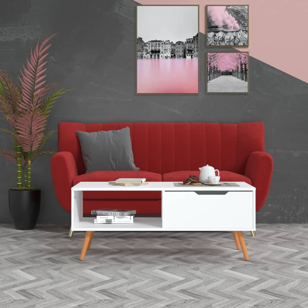 Coffee table white MDF engineered-wood, medium size, with open shelf and single drawer on angled wooden legs