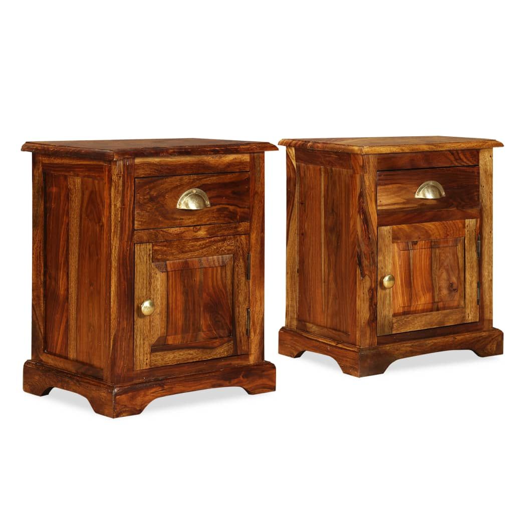 Bedside cabinets set of 2 in brown solid acacia wood, medium, vintage-style with brass drawer pulls
