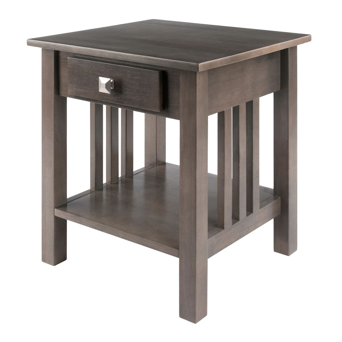 Stafford Accent Table in oyster gray with a wooden drawer and square metallic knob.