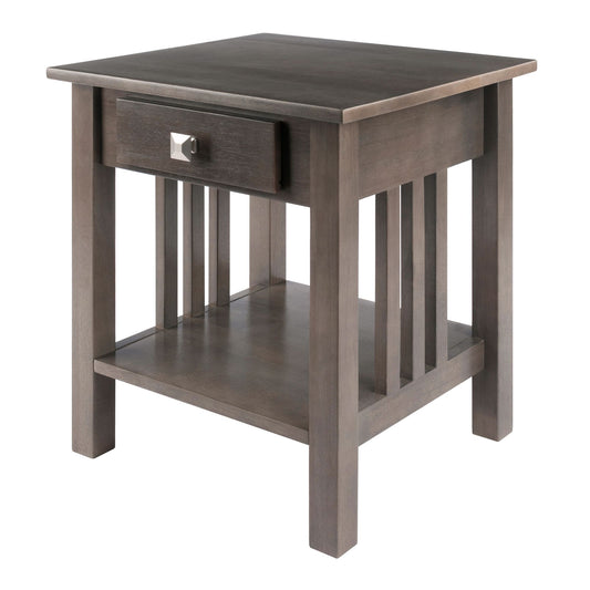 Stafford Accent Table in oyster gray with a wooden drawer and square metallic knob.
