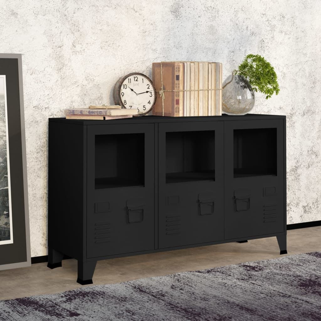 Three-door black metal sideboard with glass-front panels, medium rectangular industrial storage cabinet