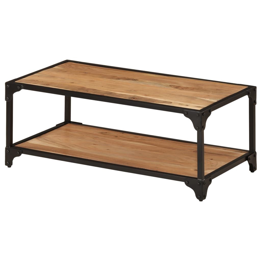 Coffee table with natural brown solid acacia wood top and lower shelf, powder-coated iron frame (two-tier)