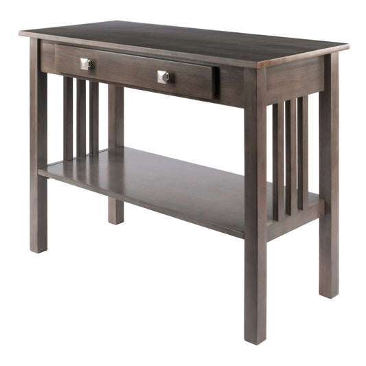 Stafford console hall table in oyster gray wood with a single front drawer and lower shelf by Doba