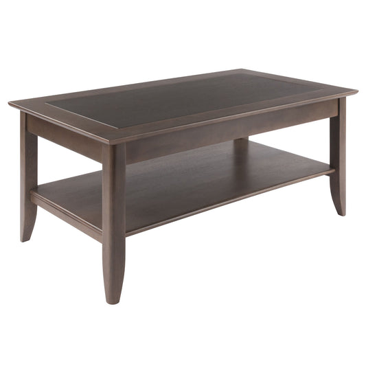 Santino Coffee Table in Oyster Gray finish, wood construction with two-tier shelf by Doba