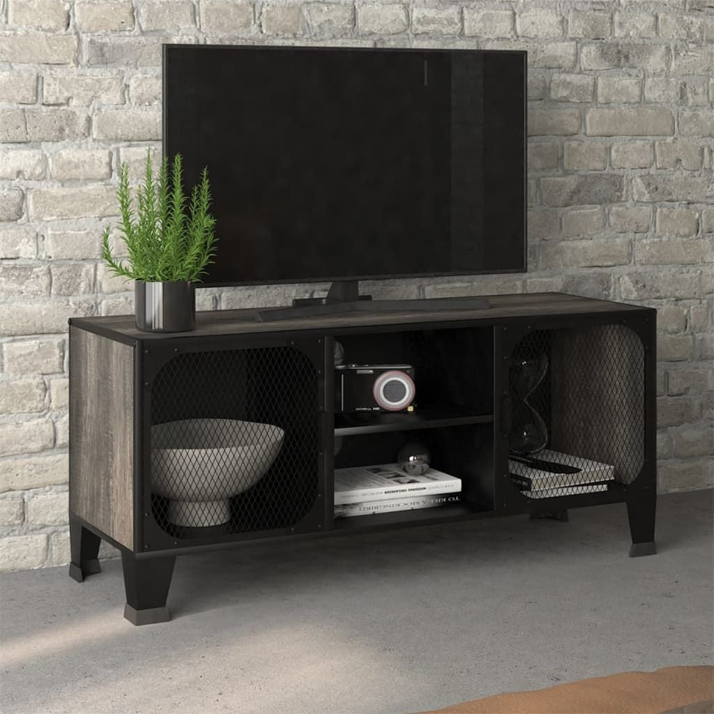 TV cabinet grey MDF 41.3 in, rectangular industrial media console with black mesh panel doors and open center shelf.