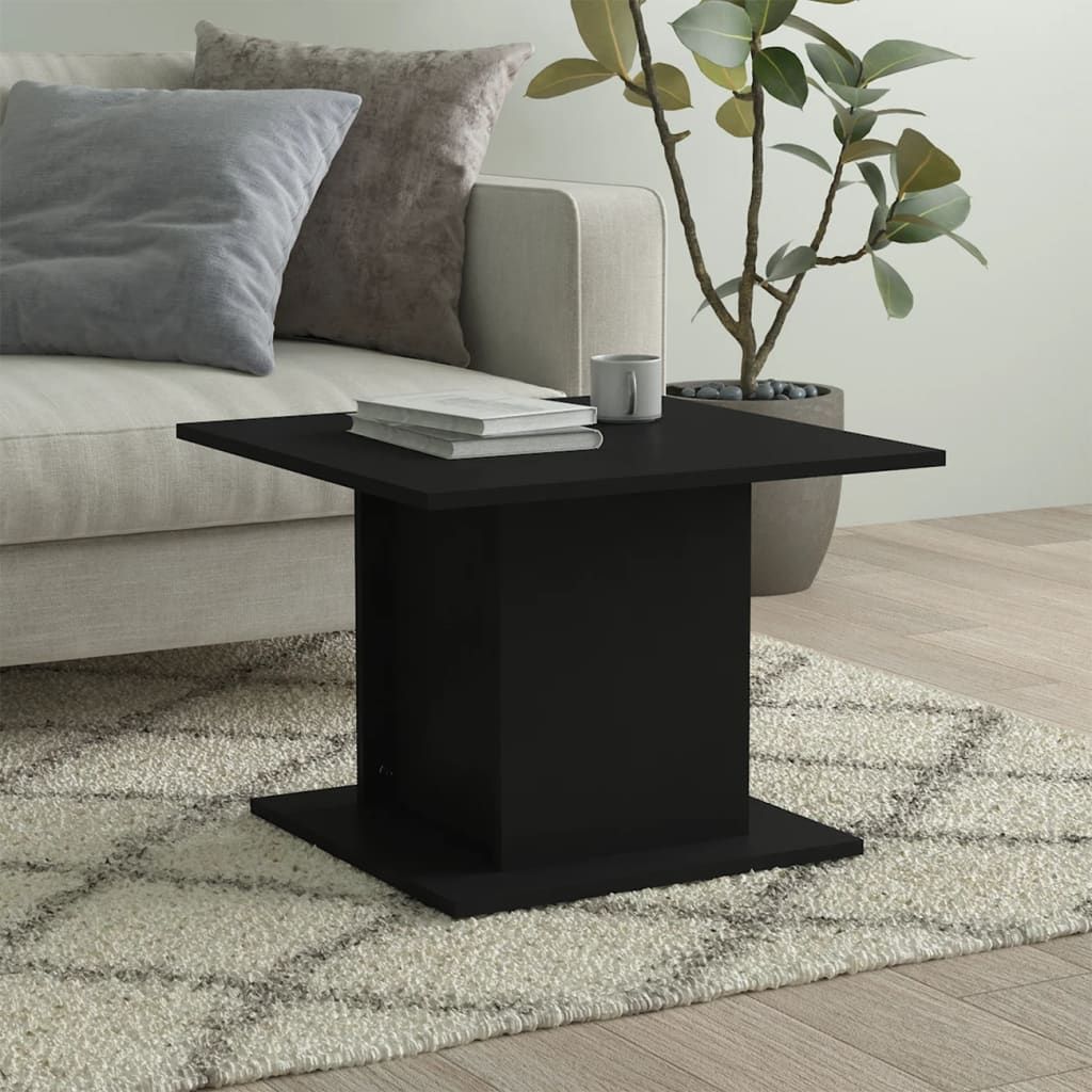 Coffee table, black engineered wood, medium, square pedestal base, by Doba
